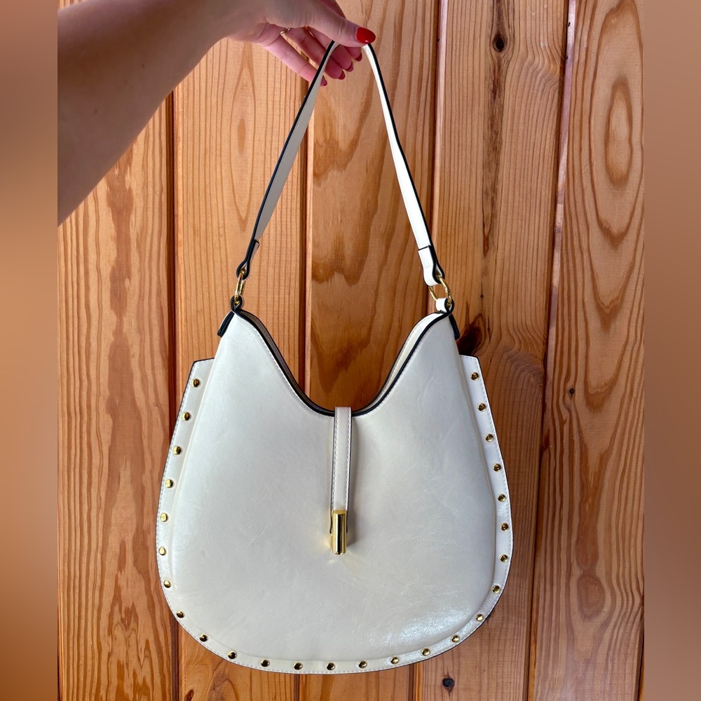 White Stud-Trim Shoulder Bag